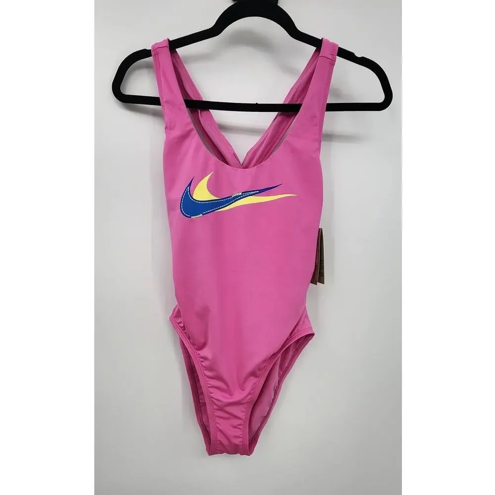 New NWT Nike Swim Multi Logo Pink Blue Women's Swimsuit One‎ Piece Size Small